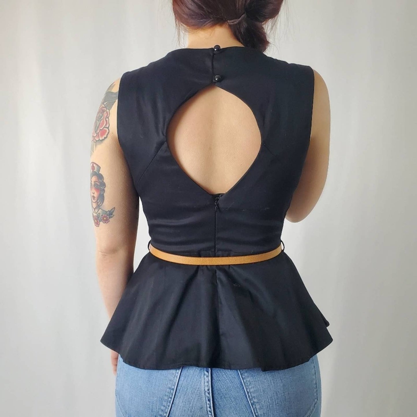 Belted Peplum Cut-out Back Blouse - S