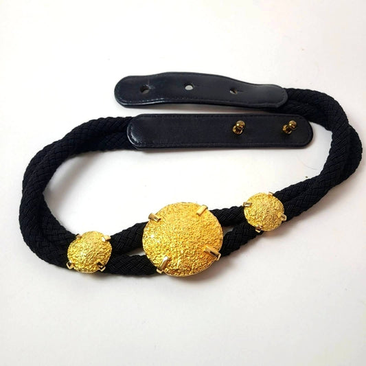 Vintage 70s Carlisle Black Braided Belt with Gold Medallion - S