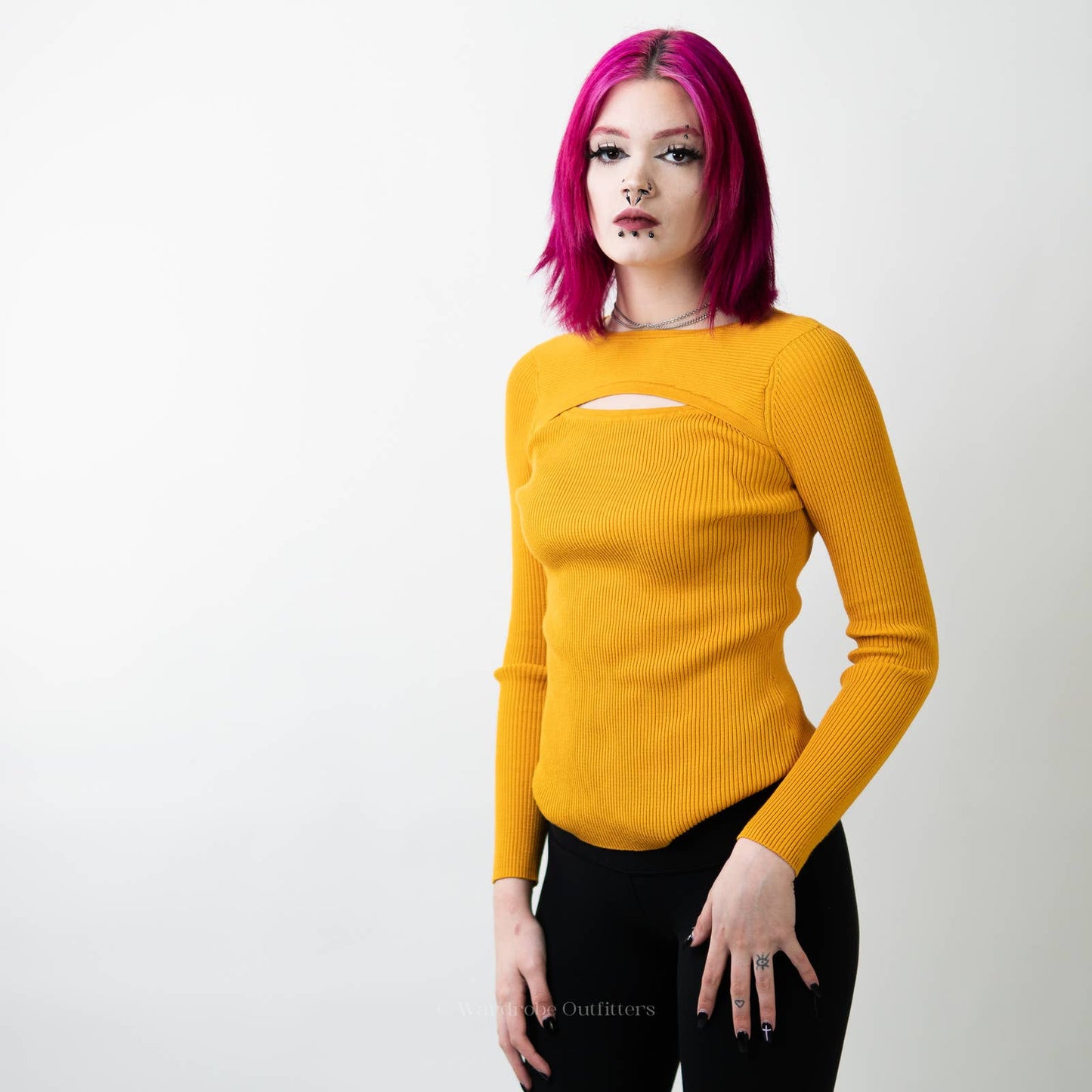 Fall Yellow Ribbed Long Sleeve Smocked Crewneck Sweater - L