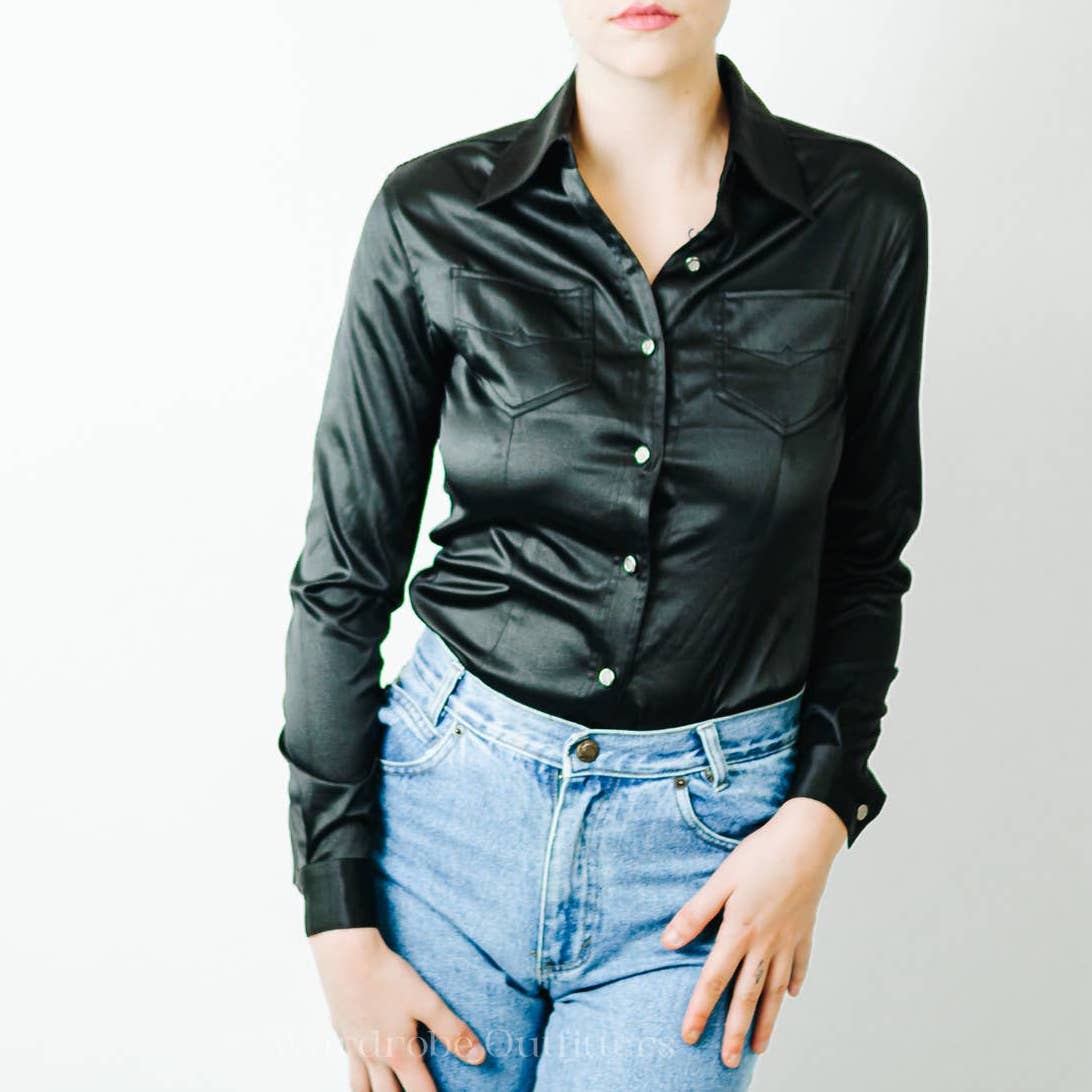 Vintage 90s Black Satin Collared Western Pearl Snap Button Shirt