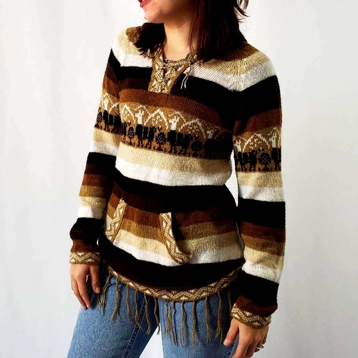 Vintage 70's Striped Alpaca Fringe Sweater - M