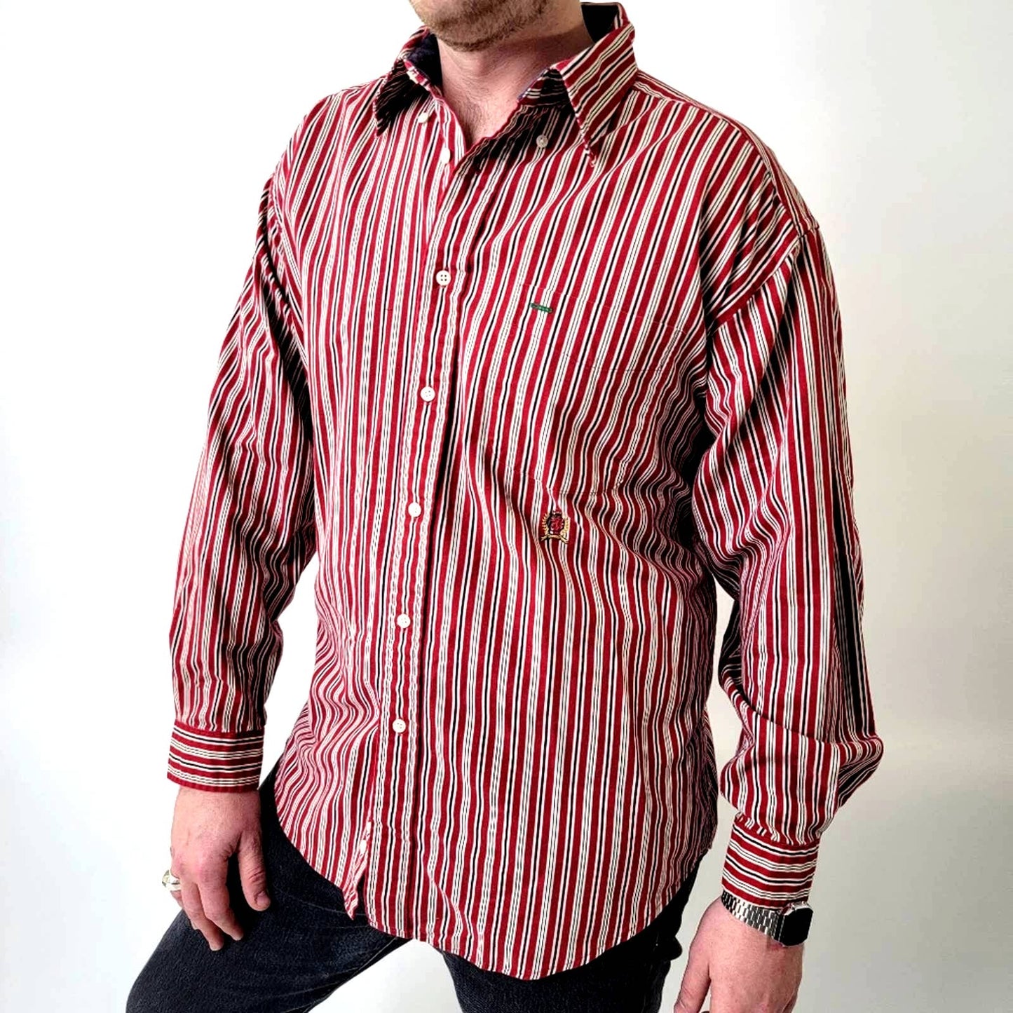 Vintage Y2k Tommy Hilfiger Men's Striped Button Down Shirt - L