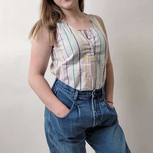 Vintage 90s Rainbow Pinstriped Tank Top Blouse - M