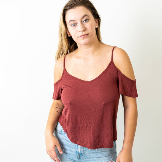 Burgundy Red Cold Shoulder Strapped Cami Top