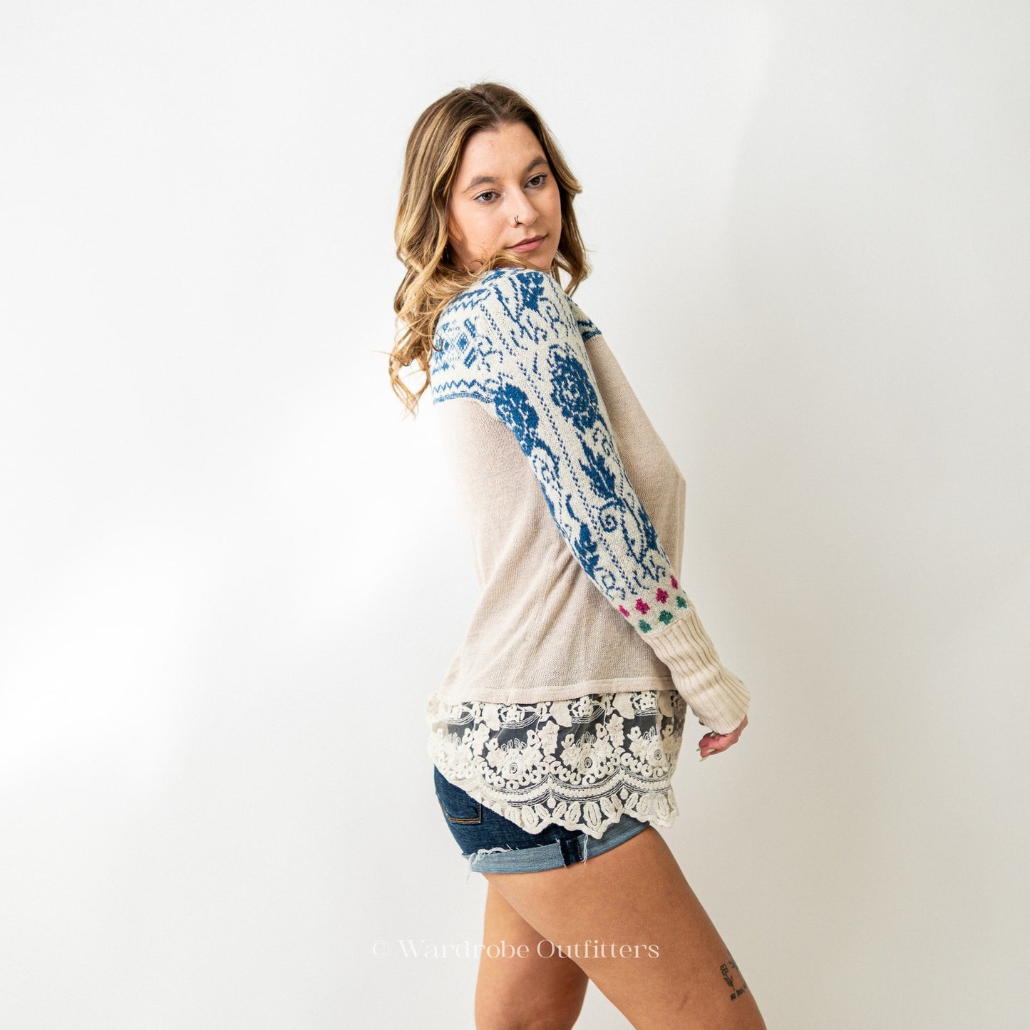 Free People Frilly Lace Long Sleeve Print Sweater