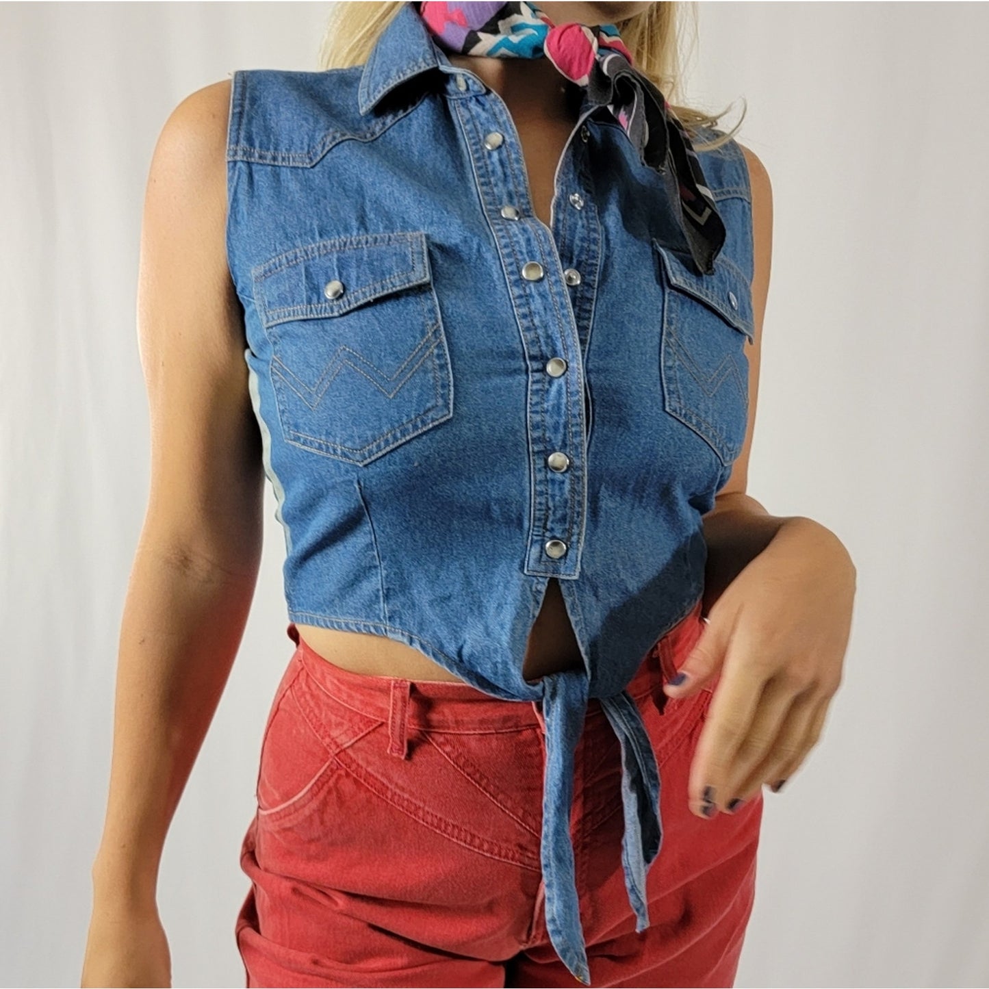 NEW 70's Western Wrangler Denim Pearl Snap Crop Tie Front Vest