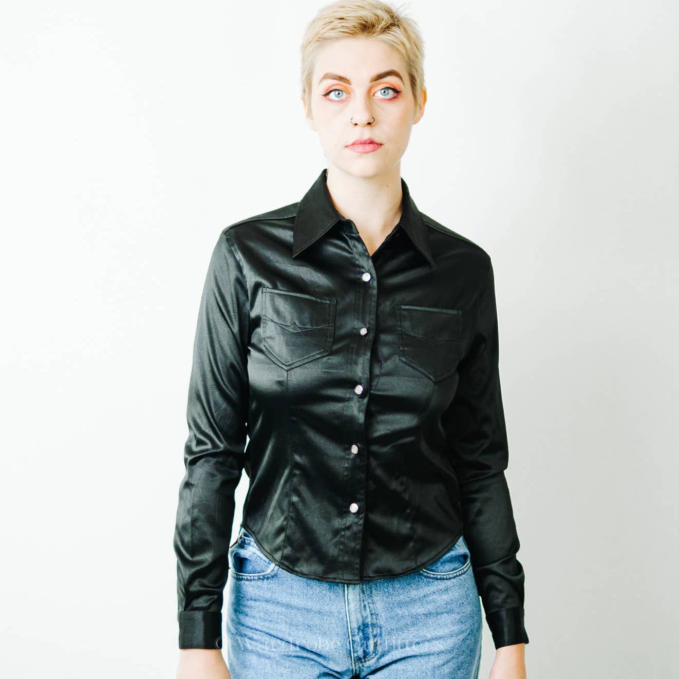Vintage 90s Black Satin Collared Western Pearl Snap Button Shirt