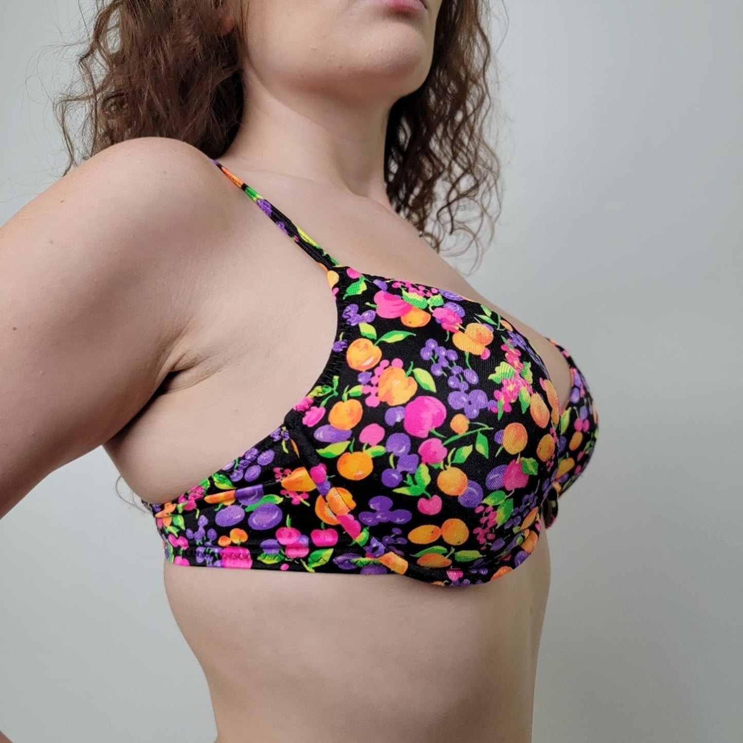 Vintage 90s Colorful Floral and Fruity Bikini Top - L