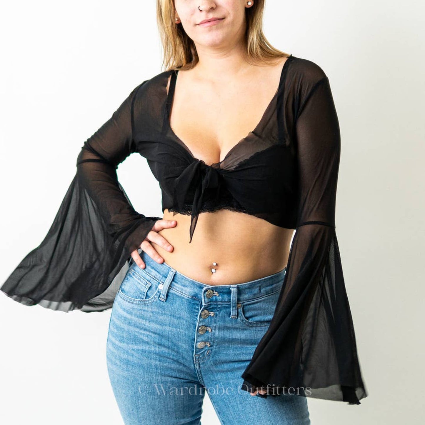 Goth Sheer Black Flounce Sleeve Wrap Top