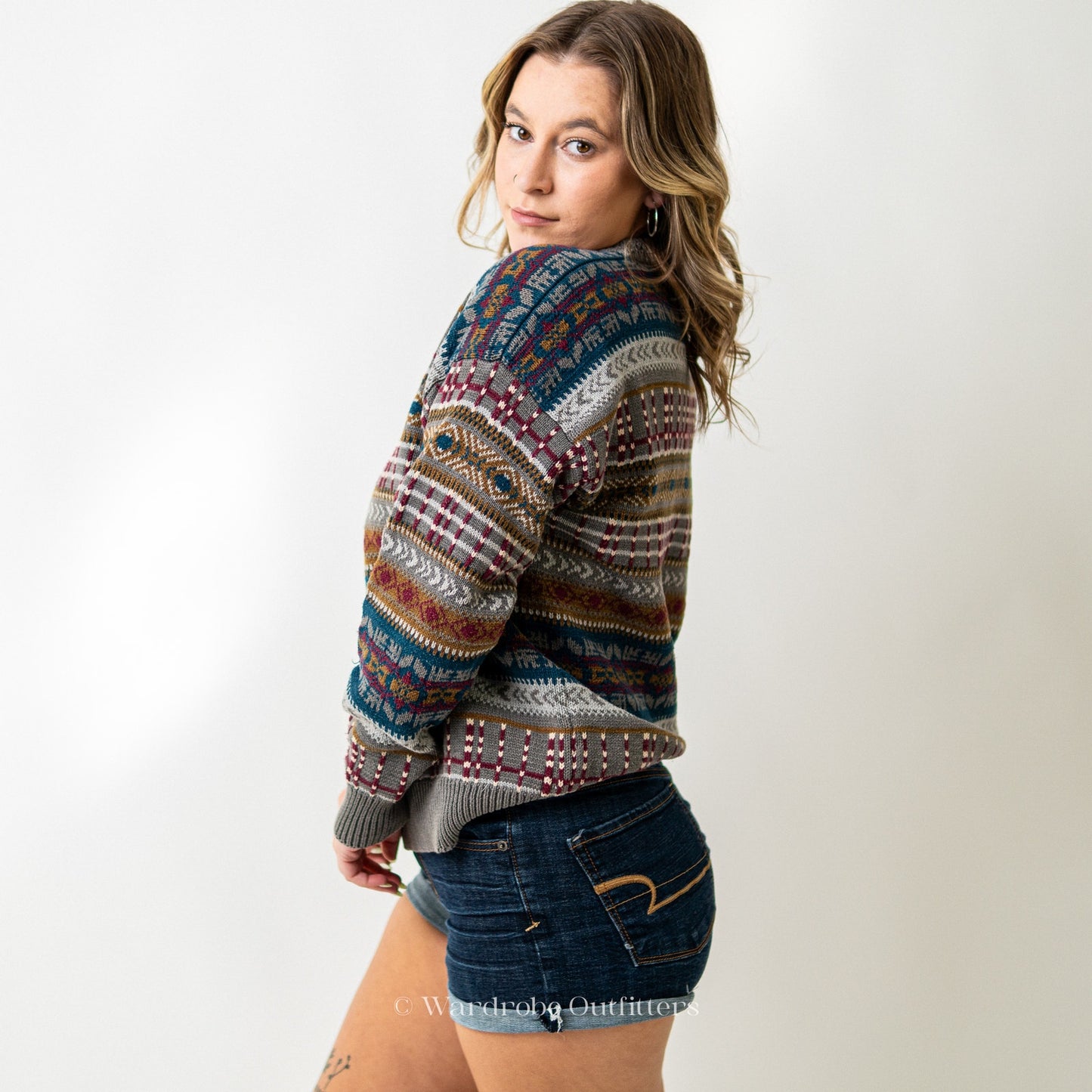 Chunky Vintage 90s Aztec Multi Striped Sweater Woods & Gray