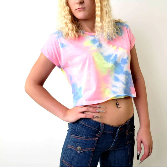 Rainbow Pastel Tie Dye Crop Top Tee Shirt - M