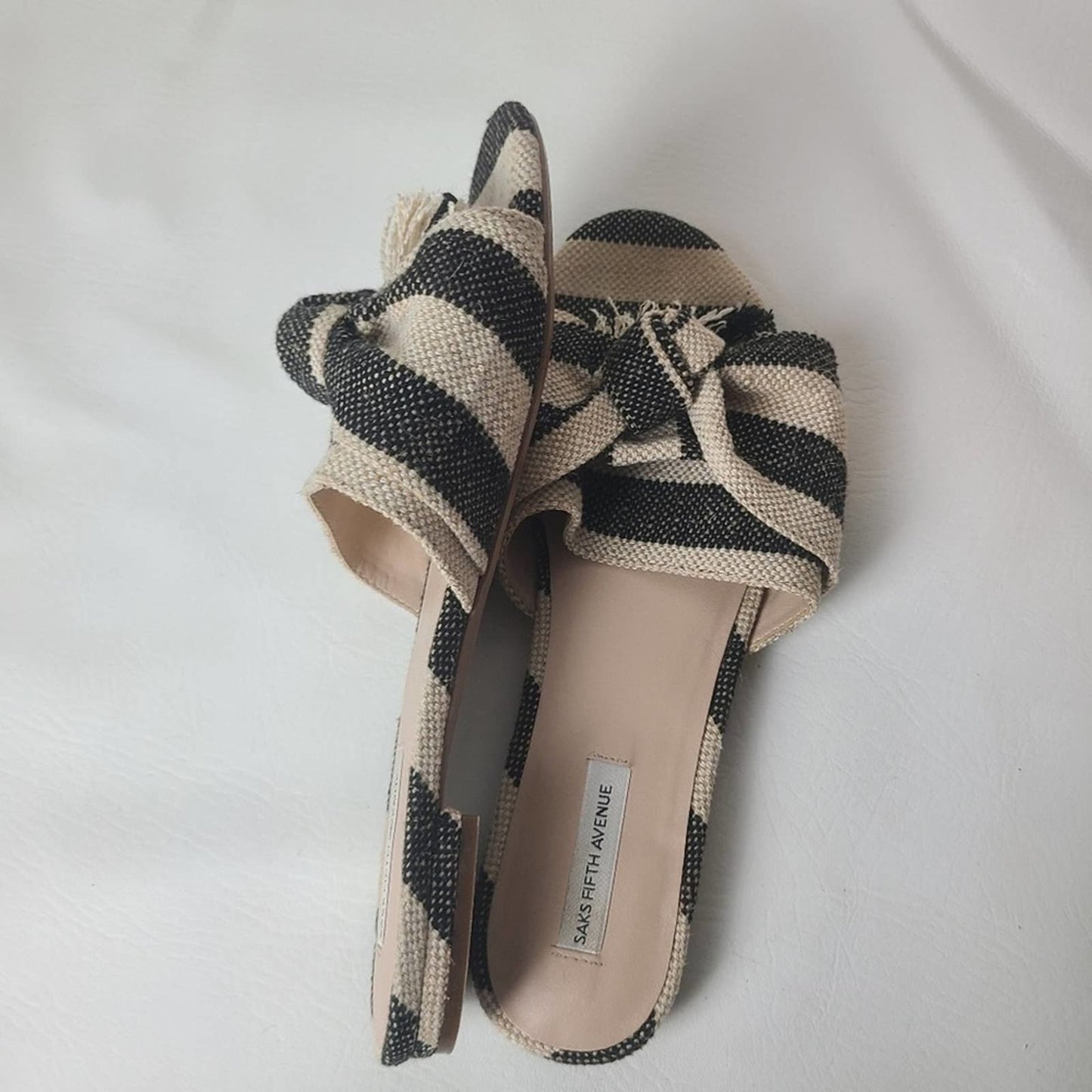 Saks Fifth Ave Black and White Striped Slip On Sandals - 7
