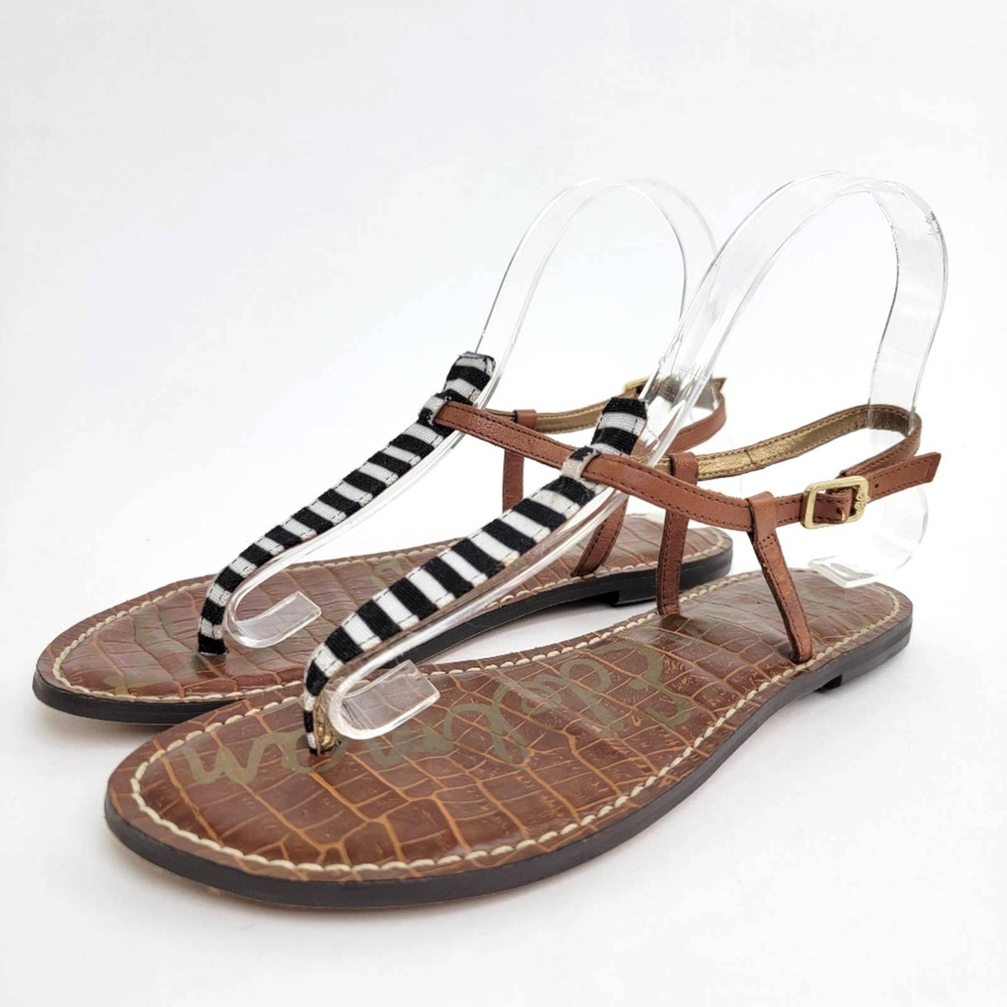Sam Edelman Gigi T-Strap Black and White Stripe Leather Flip Flop Sandals - 7