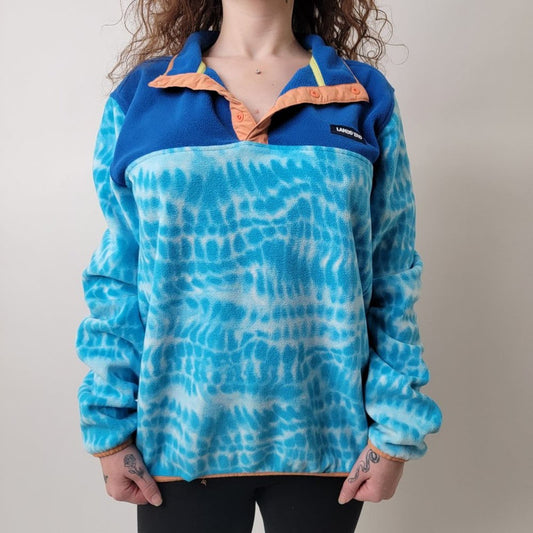 Land's End Tie Dye Ocean Blue Heritage Fleece Snap Neck Pullover Sweatshirt - L