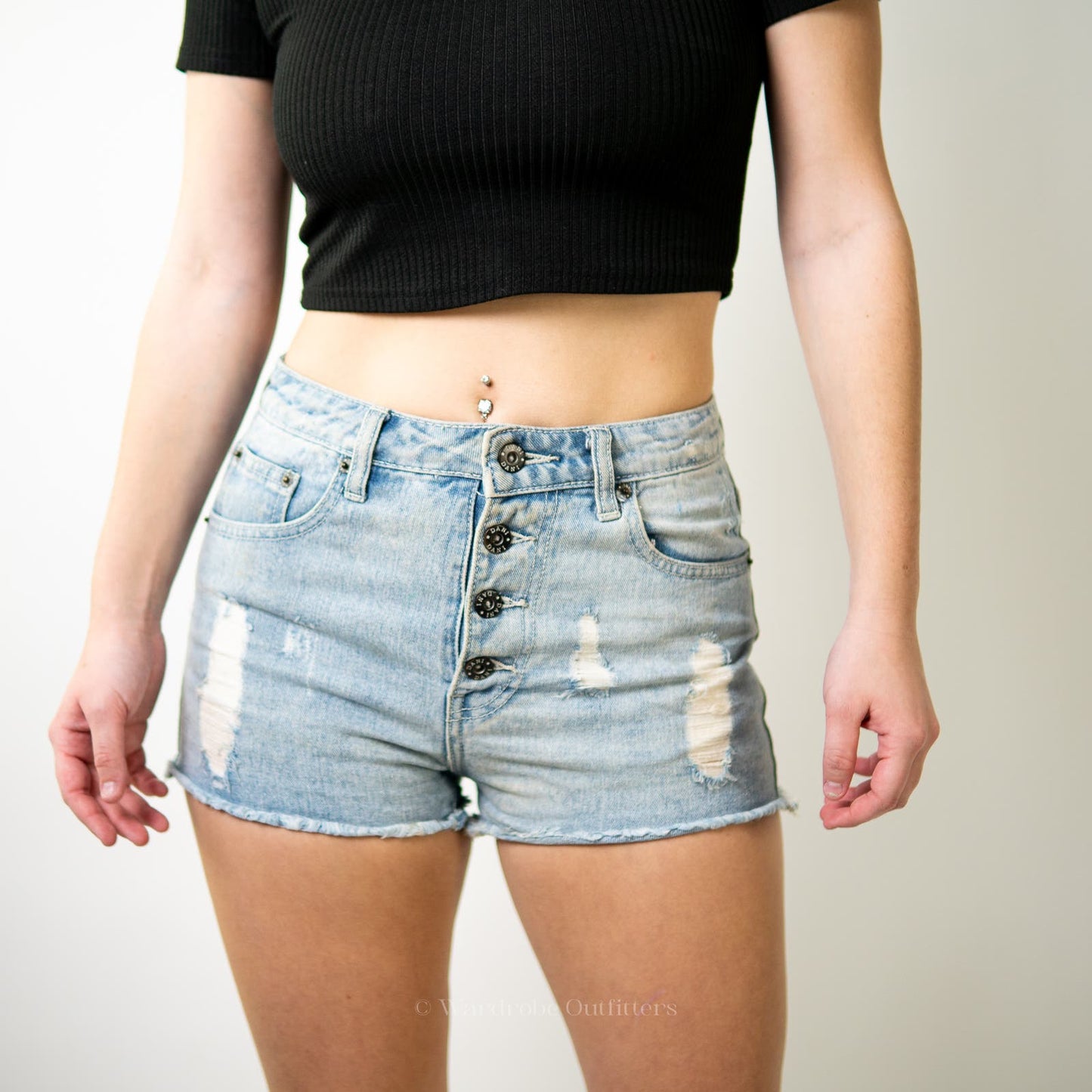 High Rise Light Wash Distressed Denim Mom Shorts - M