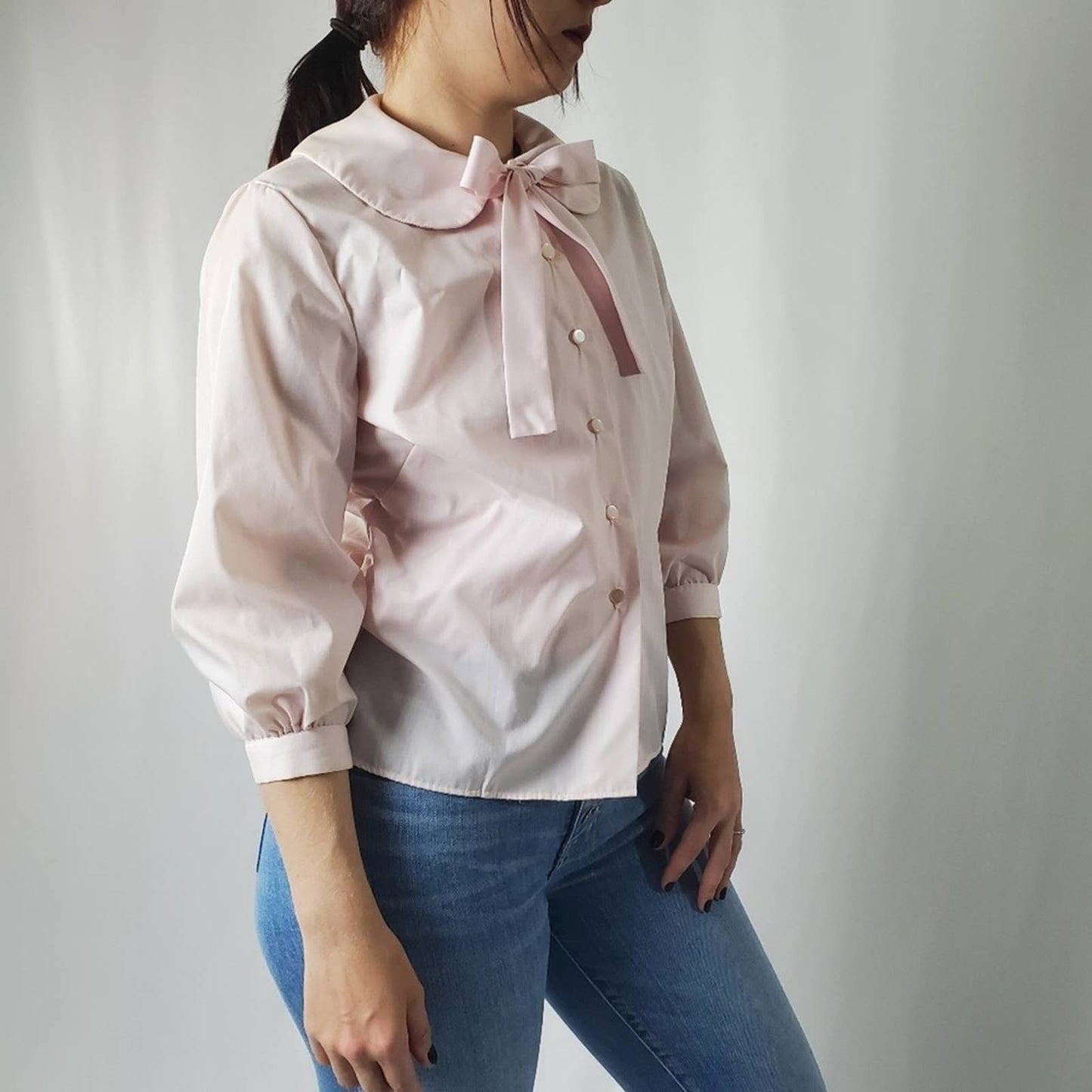 RARE 60s Peter Pan Cropped Sleeve Button Up Blouse - S