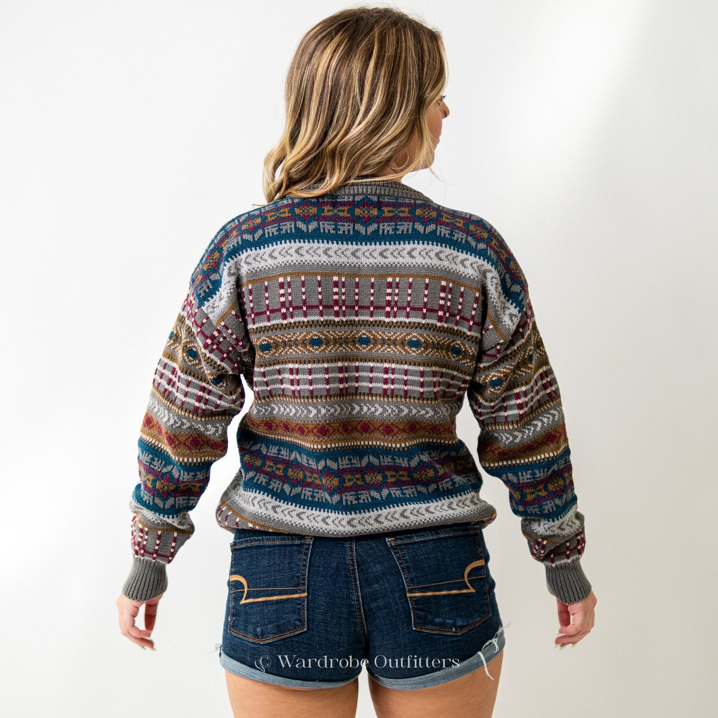 Chunky Vintage 90s Aztec Multi Striped Sweater Woods & Gray