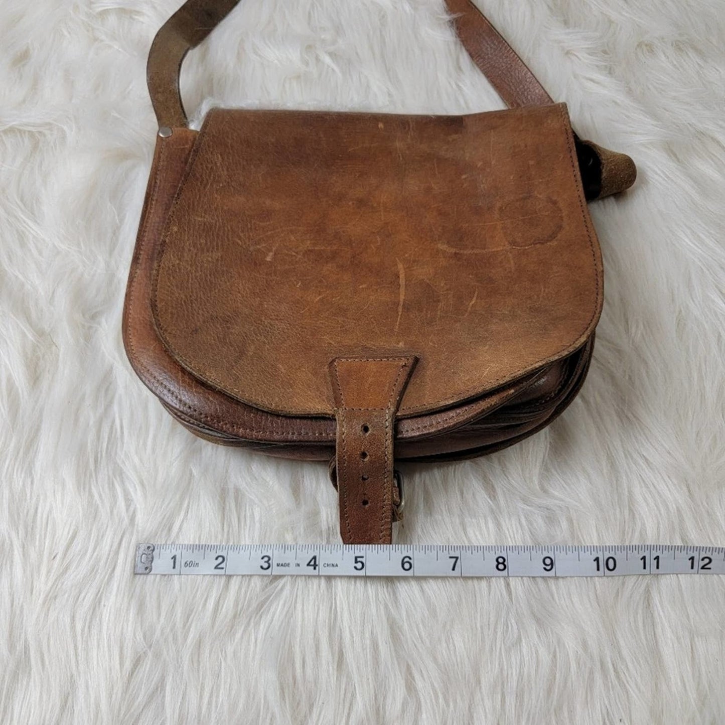 Vintage 70s Saddle Chestnut Crossbody Satchel Messenger Tote Bag