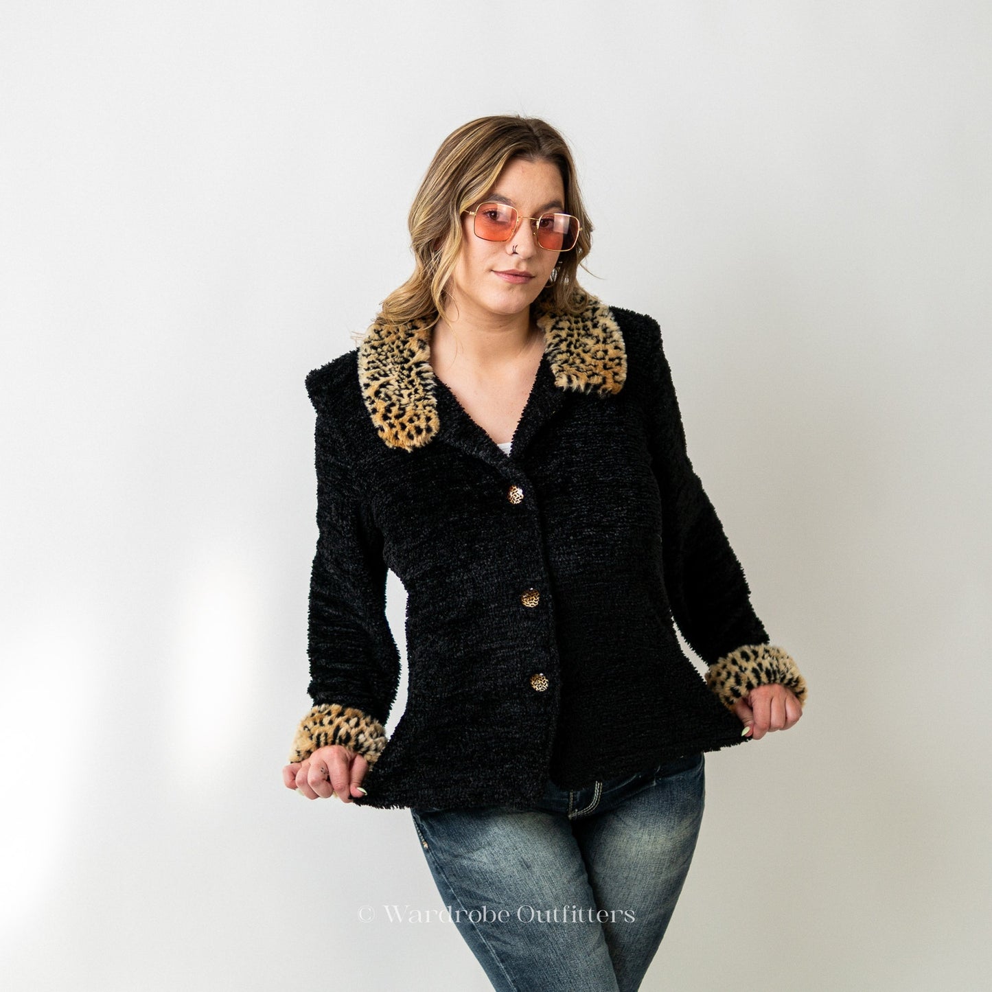 Vintage Y2K 90s  Black Chenille Cardigan with Faux Fur Collar and Cuffs