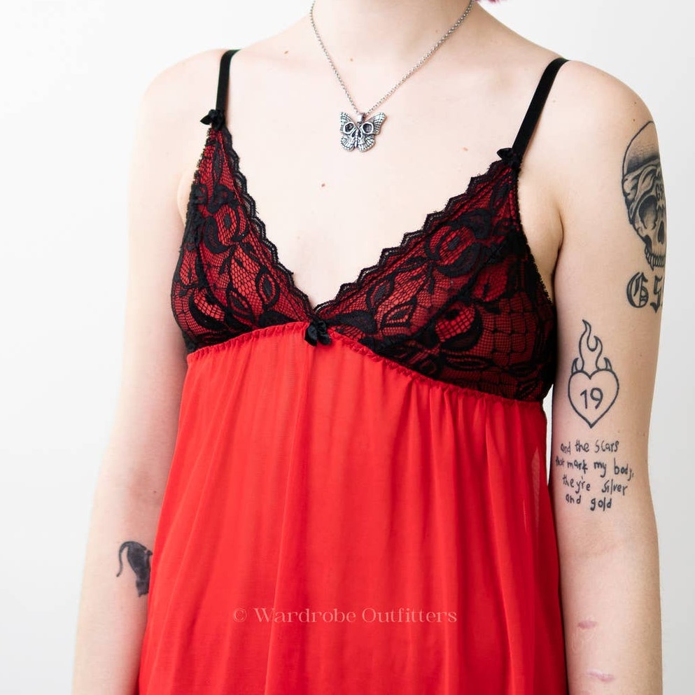 Tart Noir Lingerie Red Lace Babydoll Chemis Dress Gown