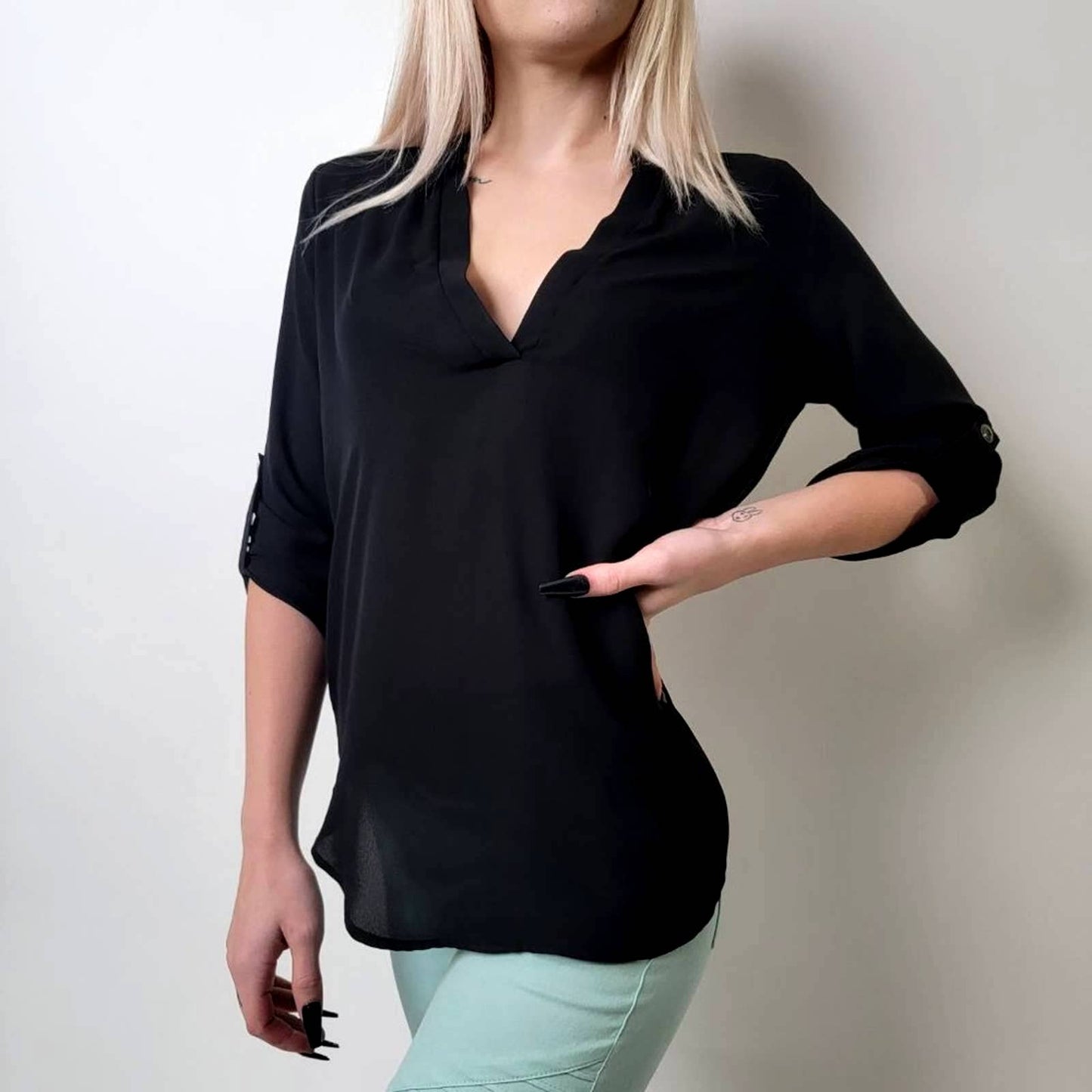 Lush Black Sheer VNeck Tunic Blouse - S