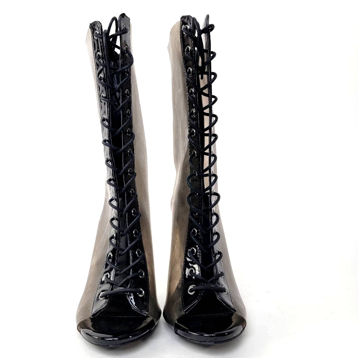 Y2k Wild Diva Clear Chunky Smoke Black Lace Up Heel Boots - 7.5