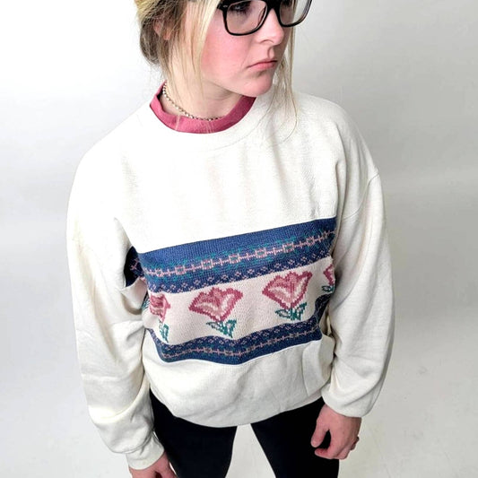 Vintage 90s Floral Cottagecore Chunky Knit Sweatshirt - S