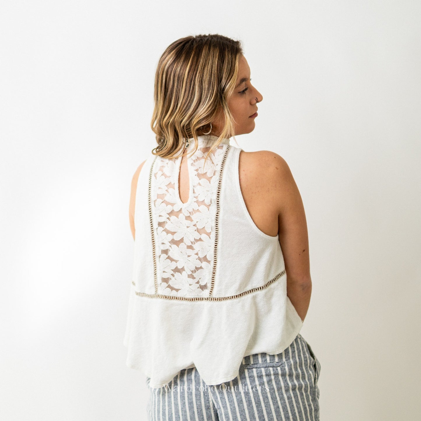 Free People Lace Back Sleeveless Collared Tank Top