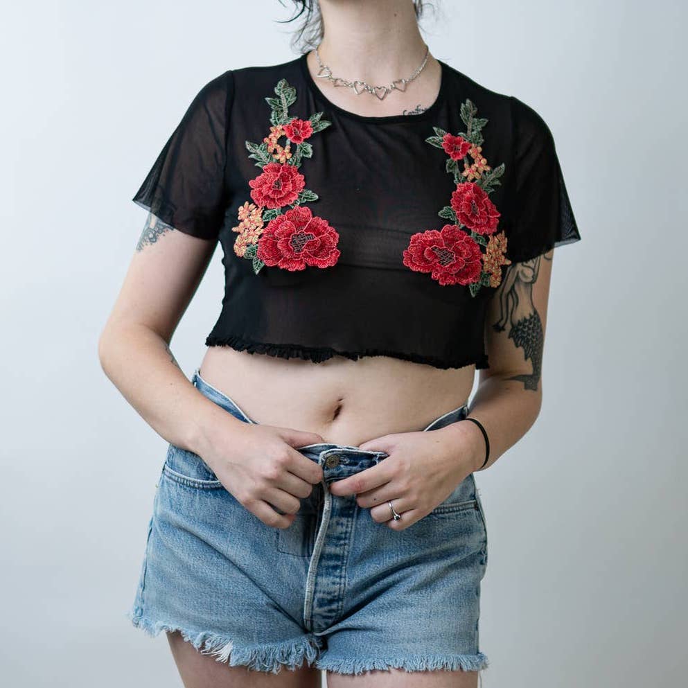 Embroidered Stitched Floral Rose See Through Sheer Mesh Rave Crop Top