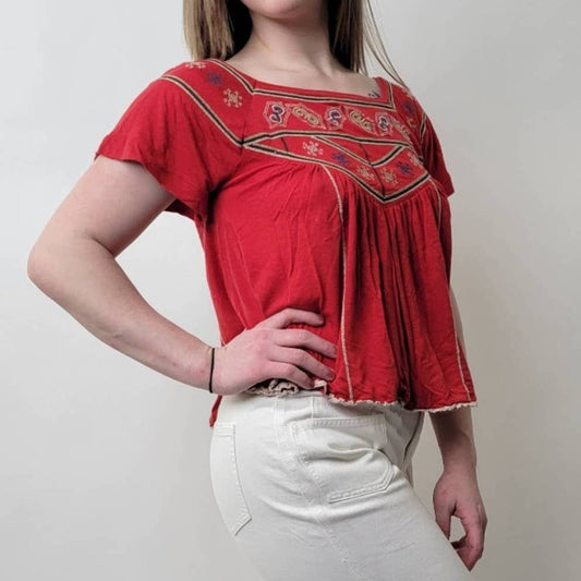 Free People Muse Short Sleeve Flowy Boho Crop Top Tunic Blouse