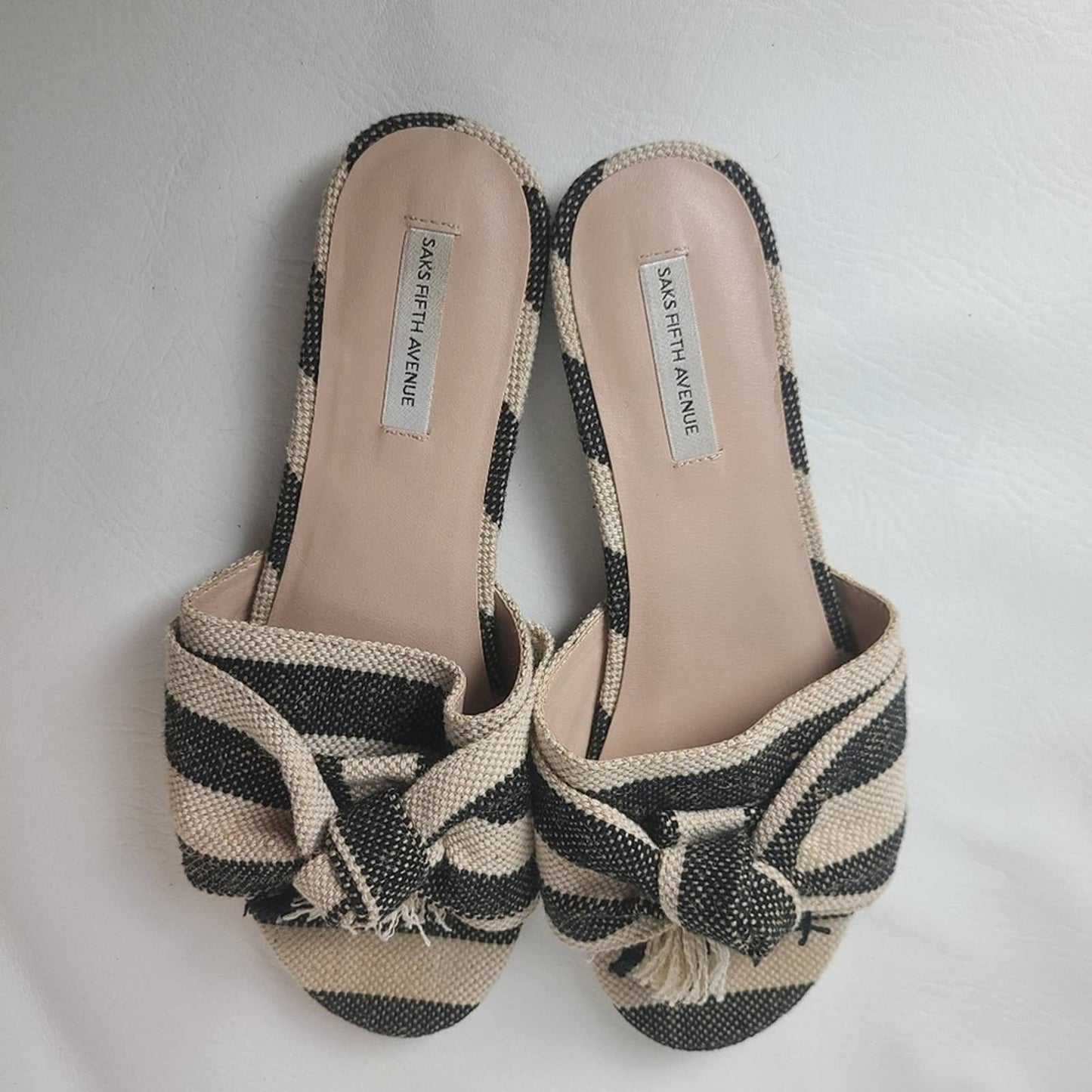 Saks Fifth Ave Black and White Striped Slip On Sandals - 7