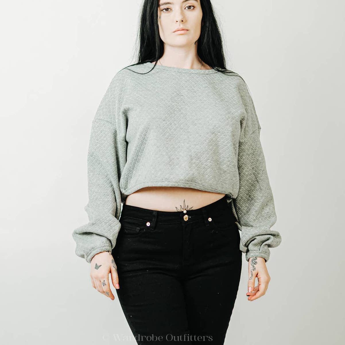 Grey Quilted Crop Top Pullover Sweatshirt - L