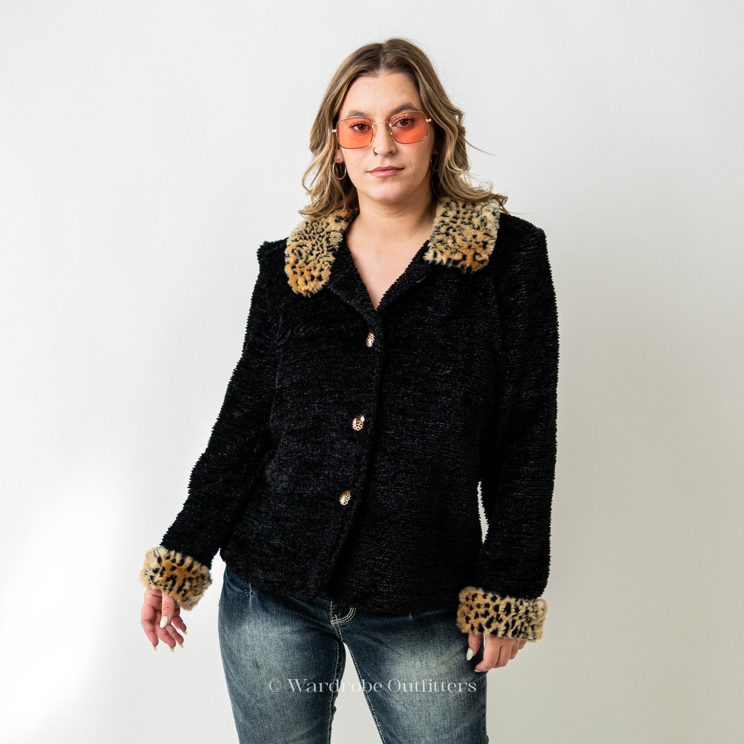 Vintage Y2K 90s  Black Chenille Cardigan with Faux Fur Collar and Cuffs