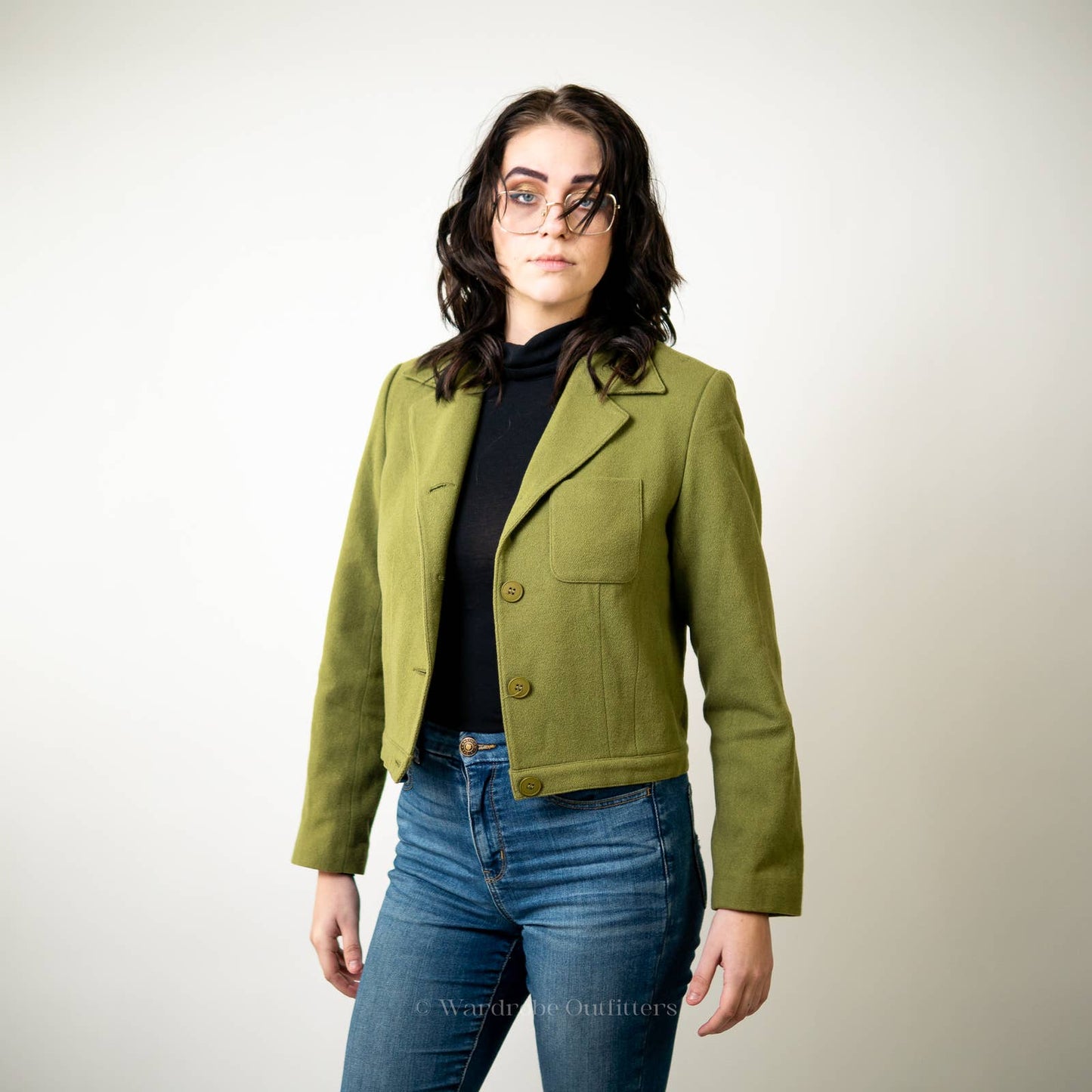 Vintage Olivr Green Cropped Wool Blazer Jacket - 8