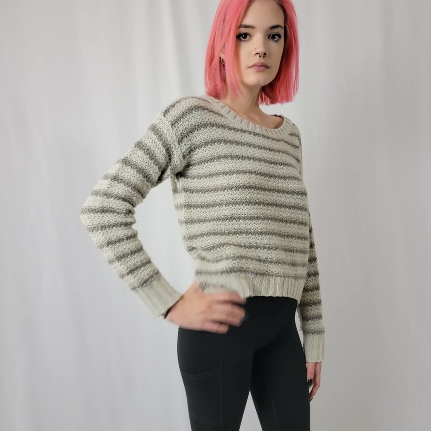 Kensie Cream Knit Striped Sweater - S