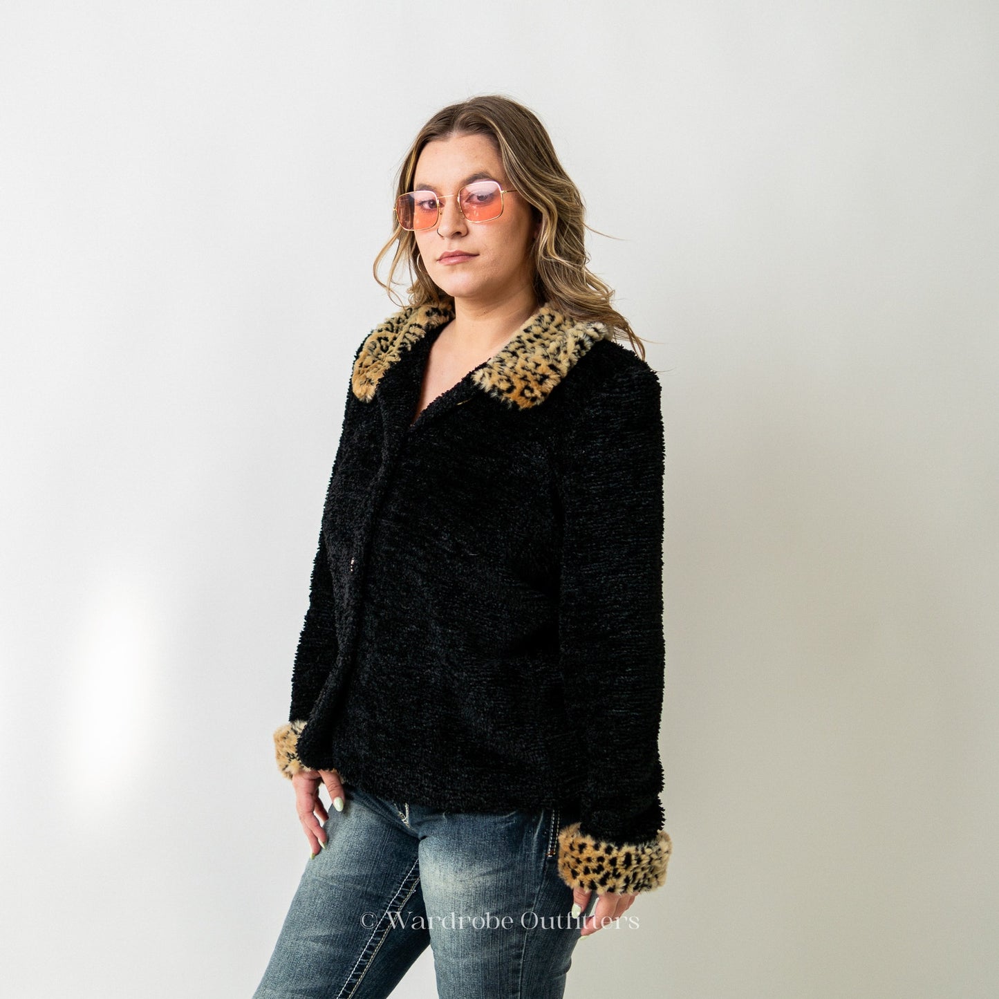 Vintage Y2K 90s  Black Chenille Cardigan with Faux Fur Collar and Cuffs