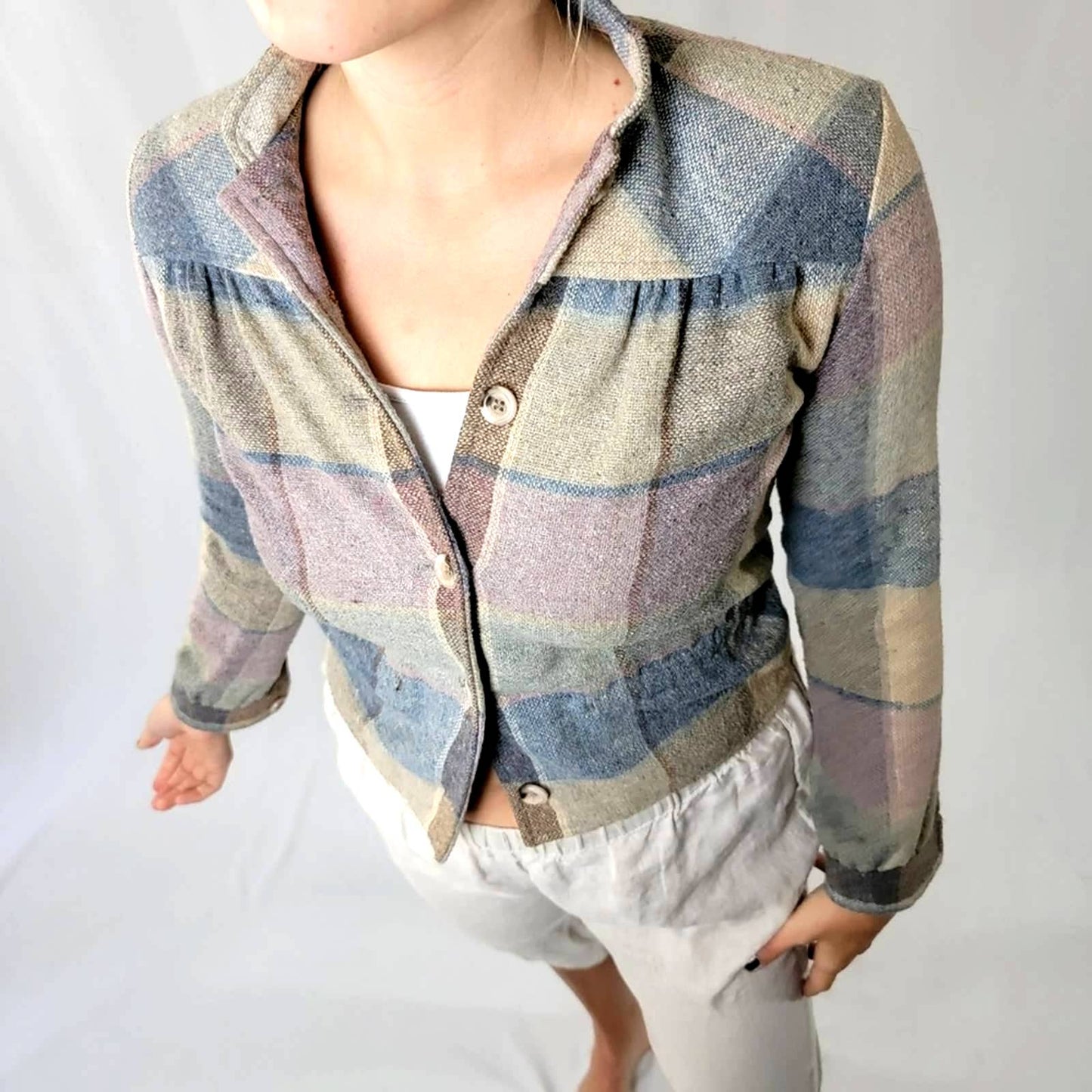 Vintage 80's Cottage Prairie Wool Pastel Plaid Jacket