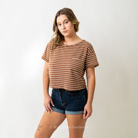 Soft Fiber Pocket Striped Crew Neck Paper Tee