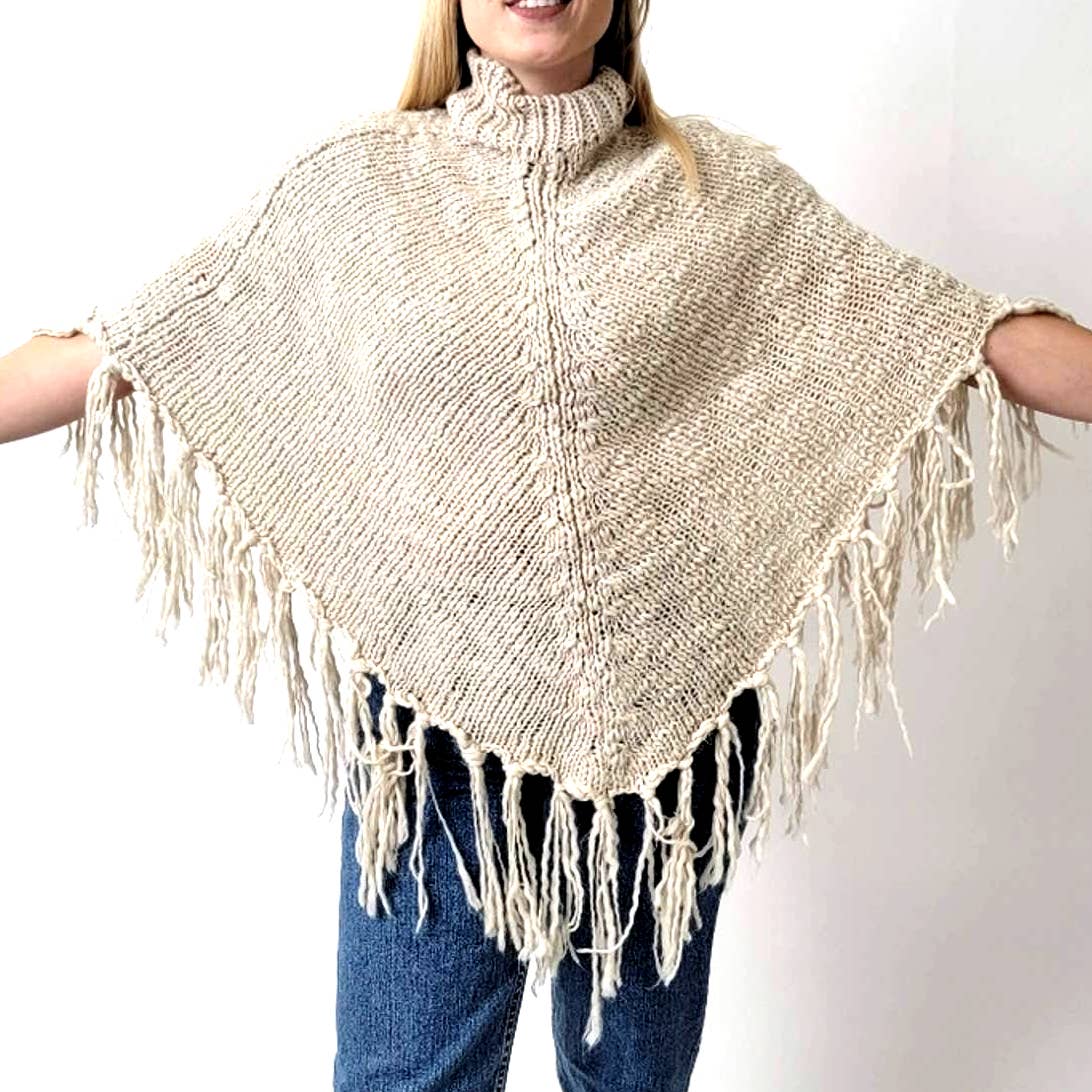 Cejon Cream Colored Western Fringe Tassel Poncho Shaw