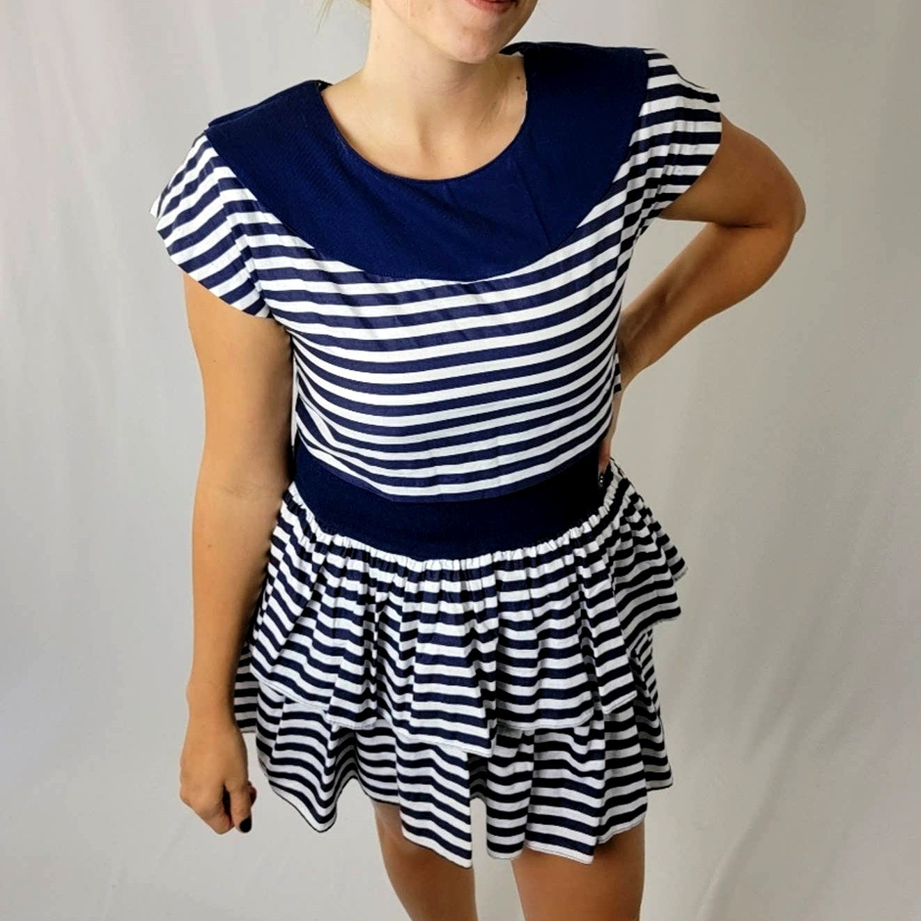 Vintage 80s Diamond’s Run Striped A-Line Ruffle Flare Skirt Dress - M