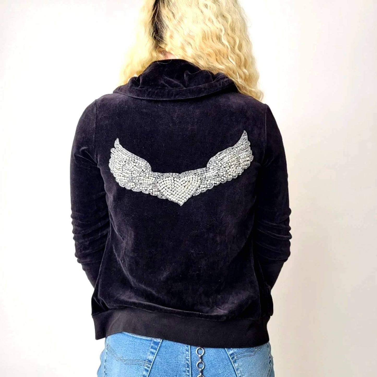 Vintage Y2k Twisted Heart Velvet Velour Zip Up Embellished Hoodie Jacket - S