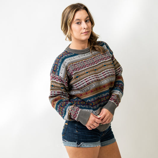 Chunky Vintage 90s Aztec Multi Striped Sweater Woods & Gray