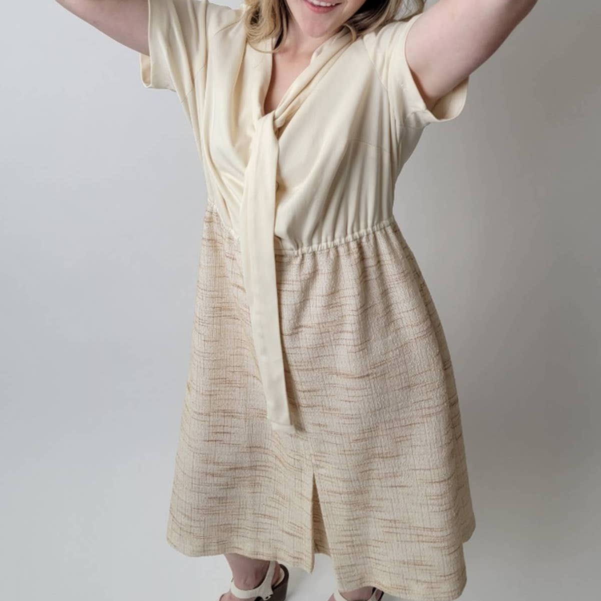 Vintage 60s Creamy Twill Midi Mod Dress