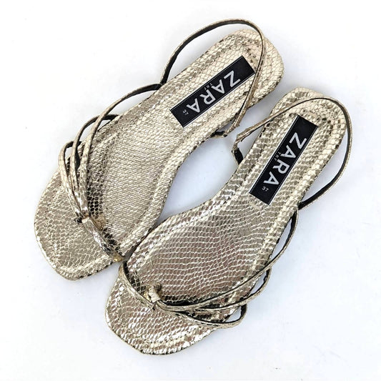 Zara Shimmery Gold Flip Flop Sandals - 6.5