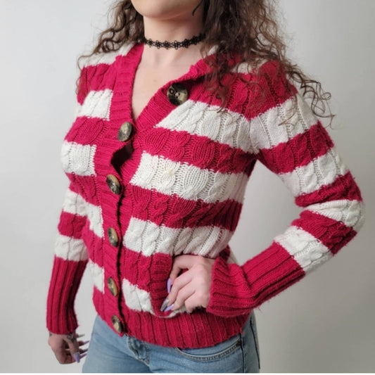 Aeropostale Y2K Hooded Striped Cable Knit Sweater - M