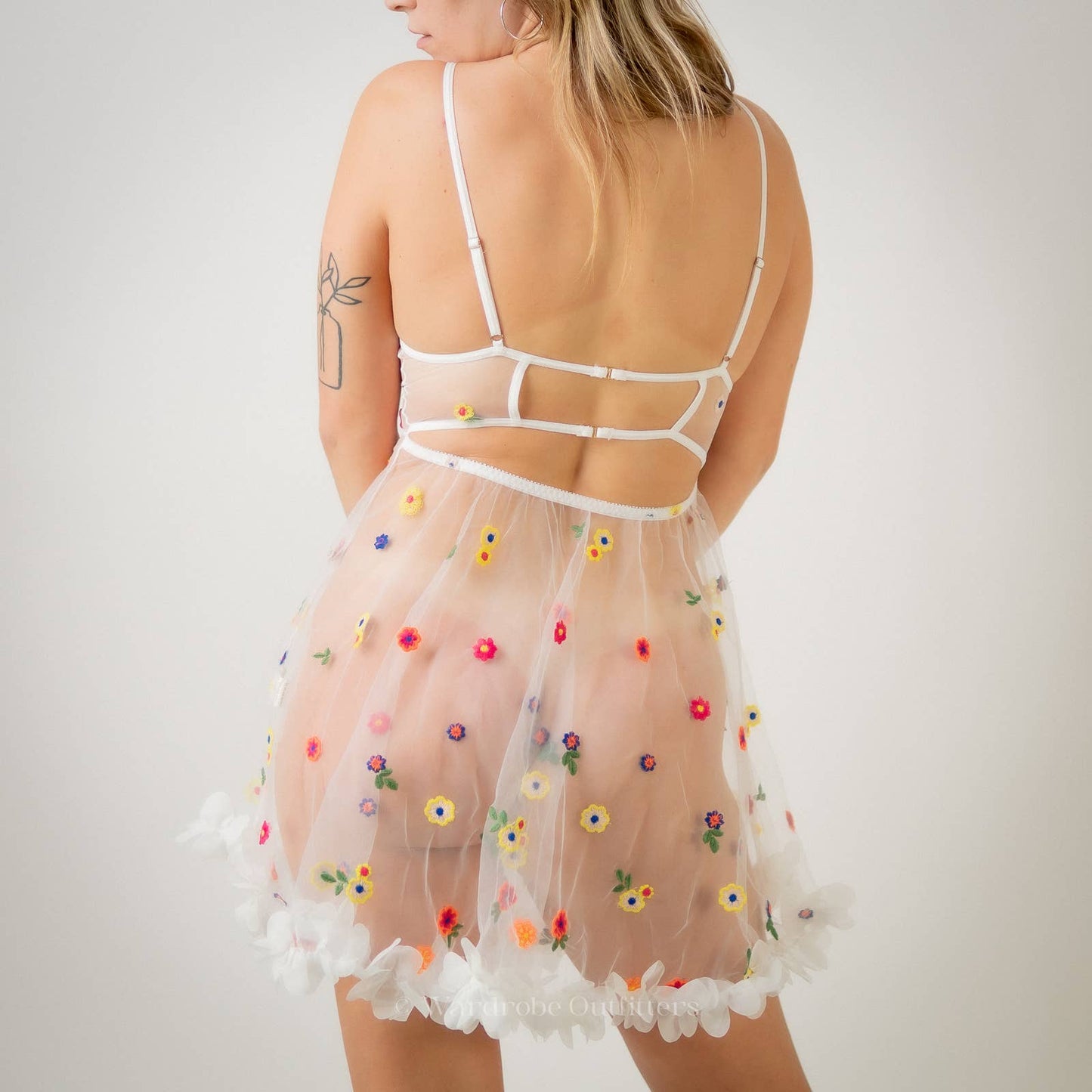 Floral Embroidery Sheer Mesh Ruffle Trim Babydoll Slip Dress Lingerie
