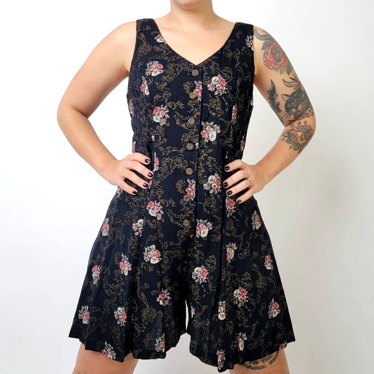 Vintage Cottagecore Floral Black Romper