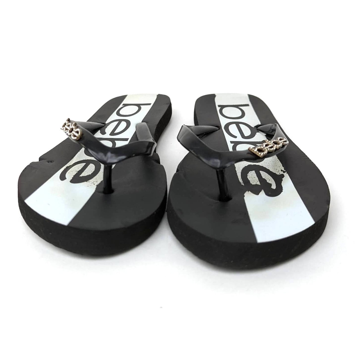 bebe Black & White Rhinestone Flip Flop Sandal Slides