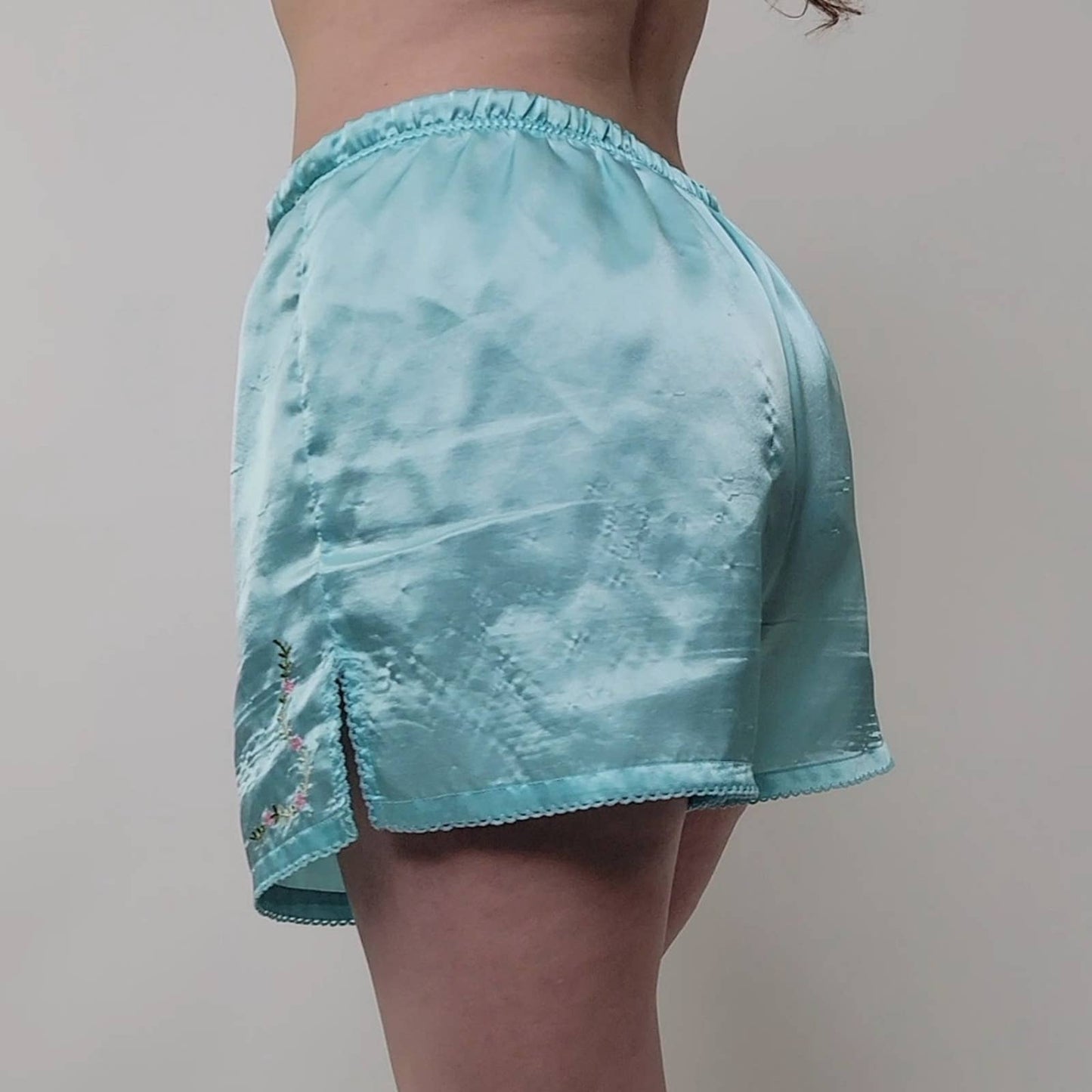 Baby Blue Silky Embroidered Pajama Shorts - M