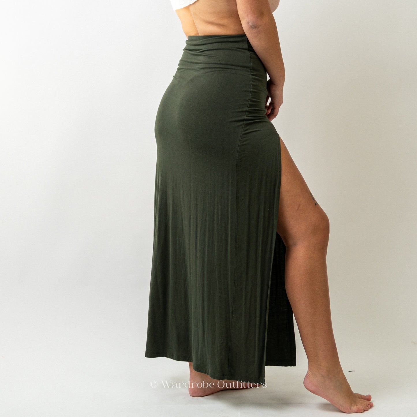 F21 Forest Green Split Cut Jersey Cotton Maxi Skirt